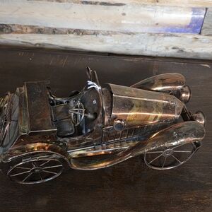 1Vintage Copper Tin Welded Metal Art Car With Music Box Automobile Toy